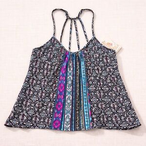 In Bloom Boho Mixed Geometric Floral Print Blouse Pom Pom Trim Size Small"